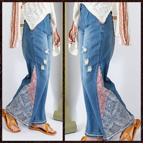 EASEL "I Got A Feeling" Bell Bottom Denim Pant W/Contrast Patchwork At The Sides - Picture 7 of 16